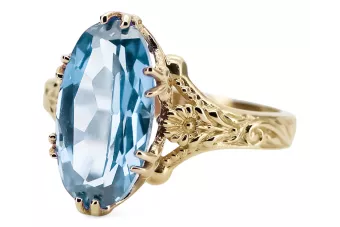 Ring Aquamarine 14k geltona aukso išlaikytas juvlynystė VRC084Y Vintage Art Deco sovietų eros rusų papuošalų stilius
