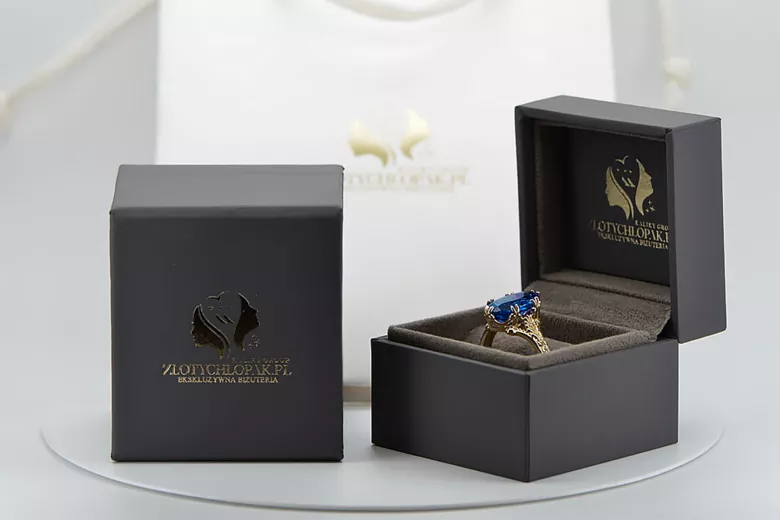 Pierścionek z żółtego 14k złota z Szafirem vrc084y-am Klasyczny Vintage Art Deco Sowiecki Rosyjski ZSRR styl