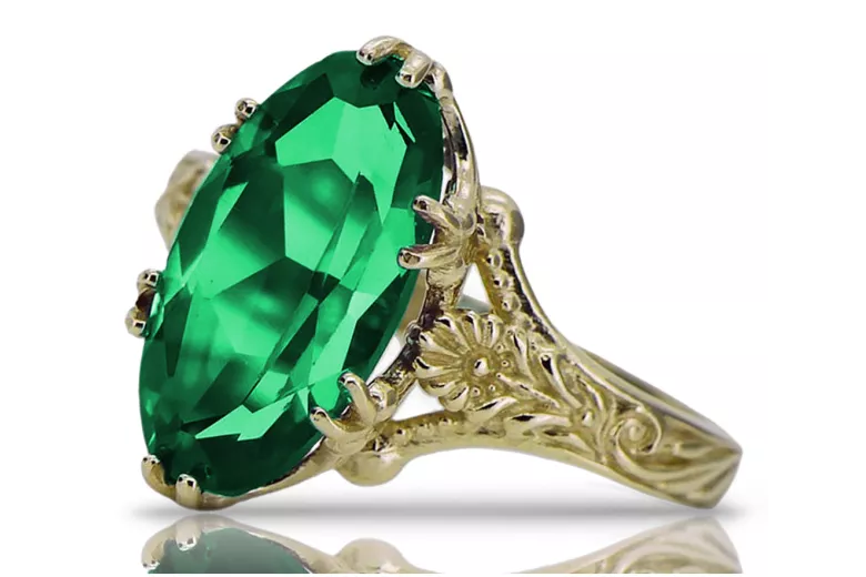 14k Жовтий золотий смарагдовий кільце VRC084Y Vintage Art Deco Радянська Ера Російська ювелірна стиль
