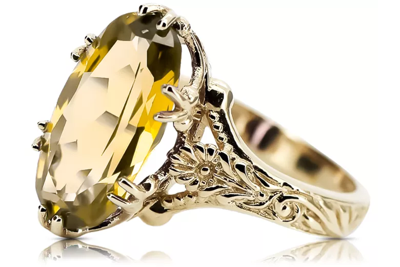 14K Amarillo Dorado Amarillo Peridot Anillo VRC084Y Vintage Art Deco Era Soviética Estilo de joyería rusa