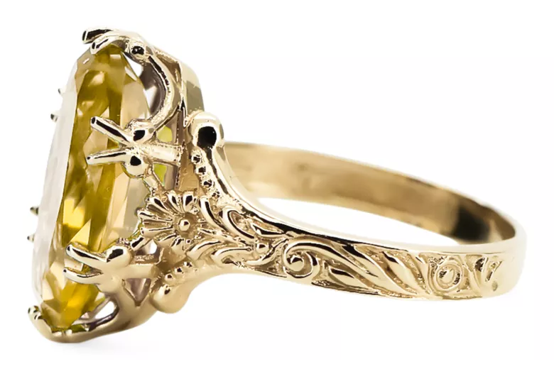 14K Amarillo Dorado Amarillo Peridot Anillo VRC084Y Vintage Art Deco Era Soviética Estilo de joyería rusa