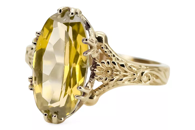 14K Amarillo Dorado Amarillo Peridot Anillo VRC084Y Vintage Art Deco Era Soviética Estilo de joyería rusa