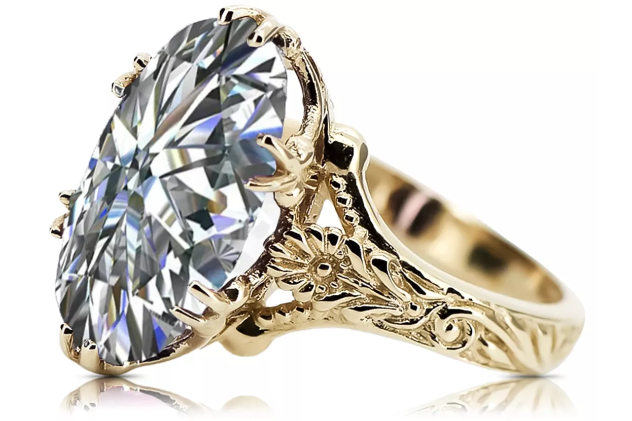 14k Gelbgold Zirkon Ring VRC084Y Vintage Art Deco Sowjetische Ära Russische Schmuckstil