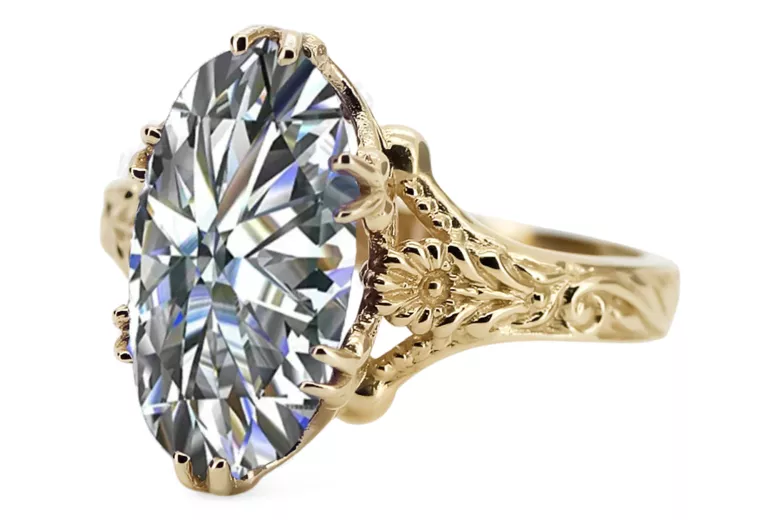 14k Gelbgold Zirkon Ring VRC084Y Vintage Art Deco Sowjetische Ära Russische Schmuckstil