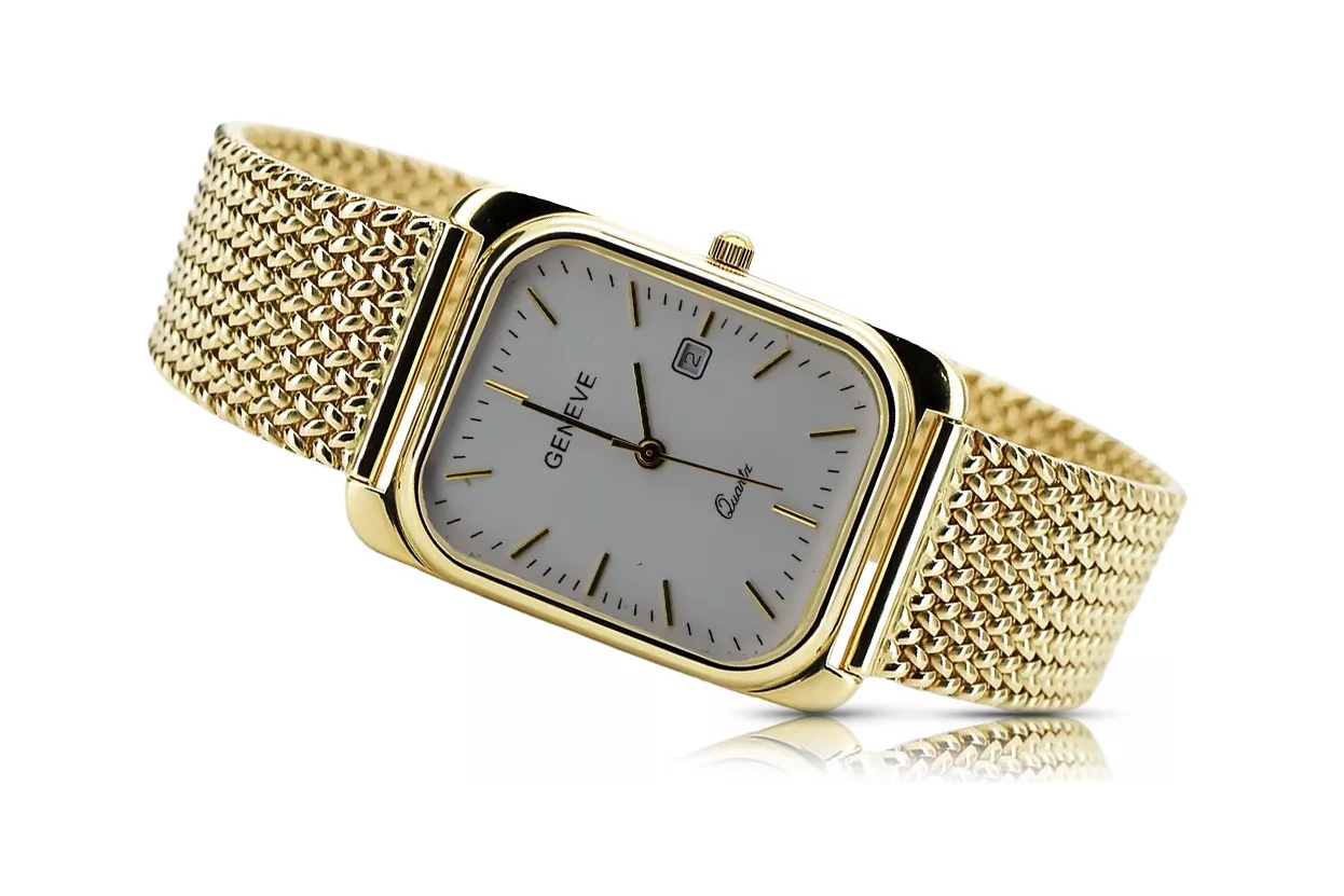 Жълти 14k 585 златни мъжки мъже Geneve Гледайте бяло набиране MW001YDW & MBW021Y
