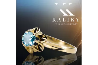 Каблучка Вінтаж стиль Аквамарин 14K Жовте золото vrc004y