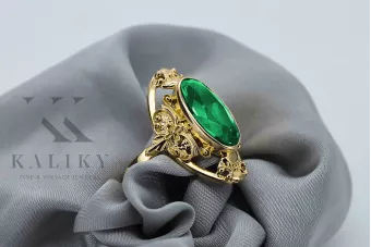 Anneau Émeraude Or jaune 14 carats Artisanat vintage vrc014y