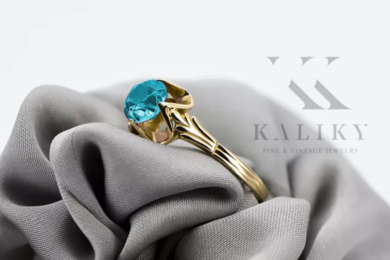 Or jaune 14 carats Aigue-marine Anneau Style vintage vrc023y