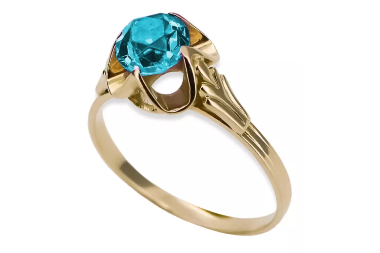 Or jaune 14 carats Aigue-marine Anneau Style vintage vrc023y