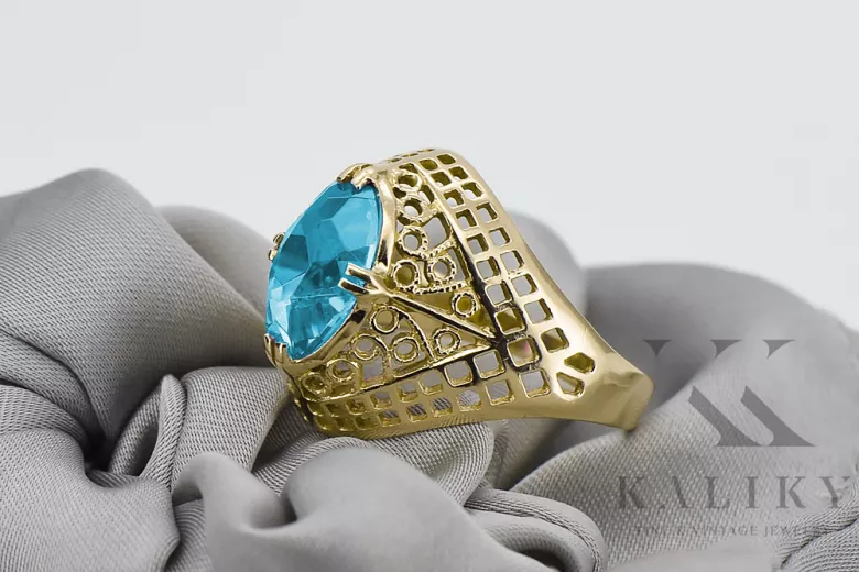 Or jaune 14 carats Aigue-marine Anneau Artisanat vintage vrc030y