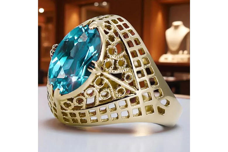 14K Yellow gold Aquamarine Ring Vintage style vrc030y