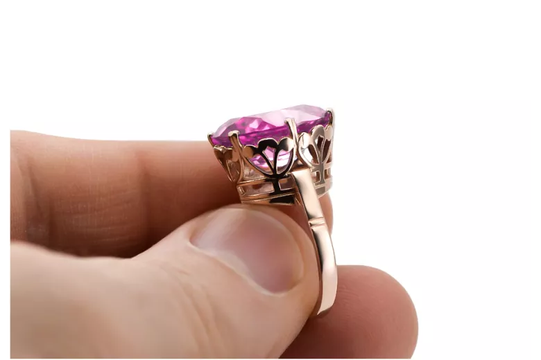 Auksinis rusiškas žiedas iš raudonos rožinės spalvos 14k 585 aukso su ametistu vrc130