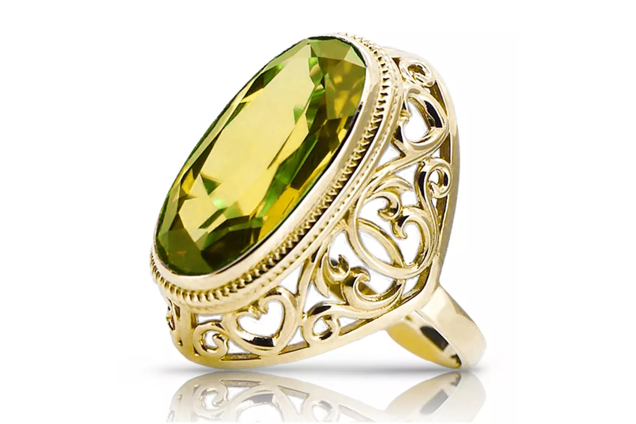 Oro amarillo de 14 quilates Peridoto Anillo Estilo vintage vrc184y