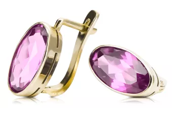 Jaune 14k 585 Boucles d'oreilles d'améthyste en or Vec001y Style vintage soviétique russe