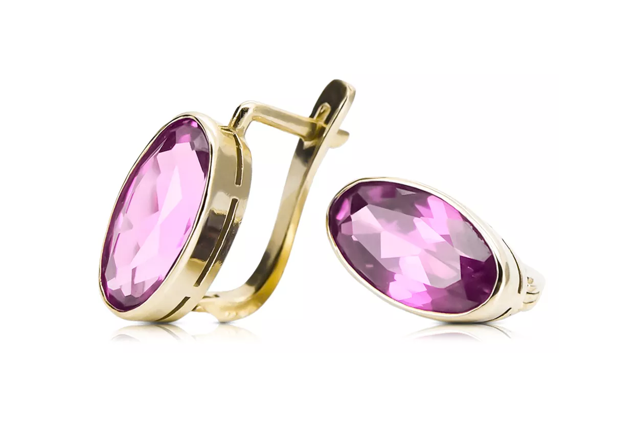 Jaune 14k 585 Boucles d'oreilles d'améthyste en or Vec001y Style vintage soviétique russe