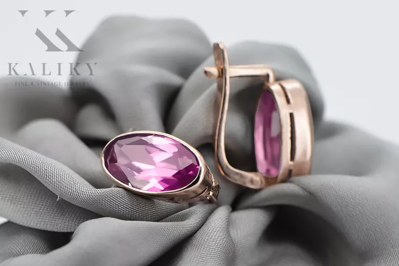 Rose pink 14k 585 gold amethyst earrings vec001 Russian Soviet Vintage style