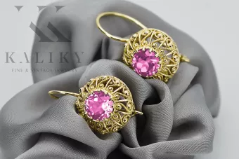 Старинные желтые 14k 585 золотые серьги аметисты VEC002Y русский советский стиль большие цветные камни