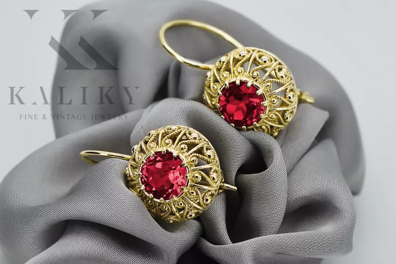Rubin 14k żółte złoto Kolczyki Vintage unikatowe vec002y
