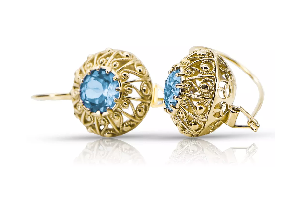 Earrings Vintage craft Aquamarine 14K Yellow gold vec002y