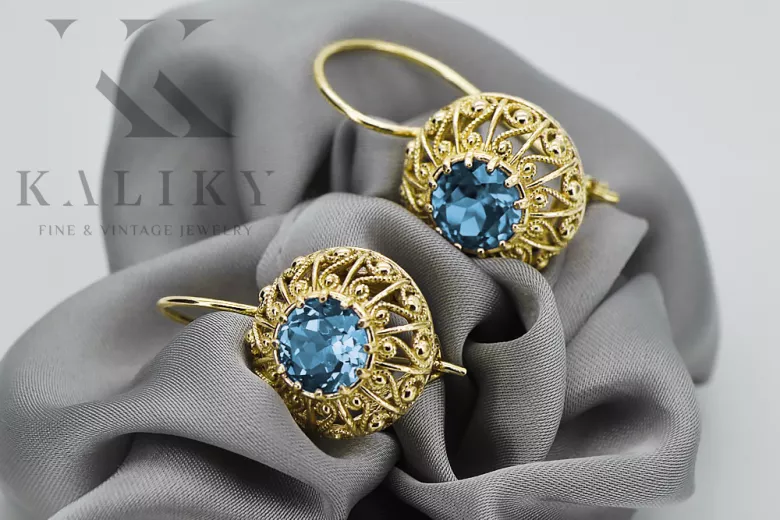 Earrings Vintage craft Aquamarine 14K Yellow gold vec002y