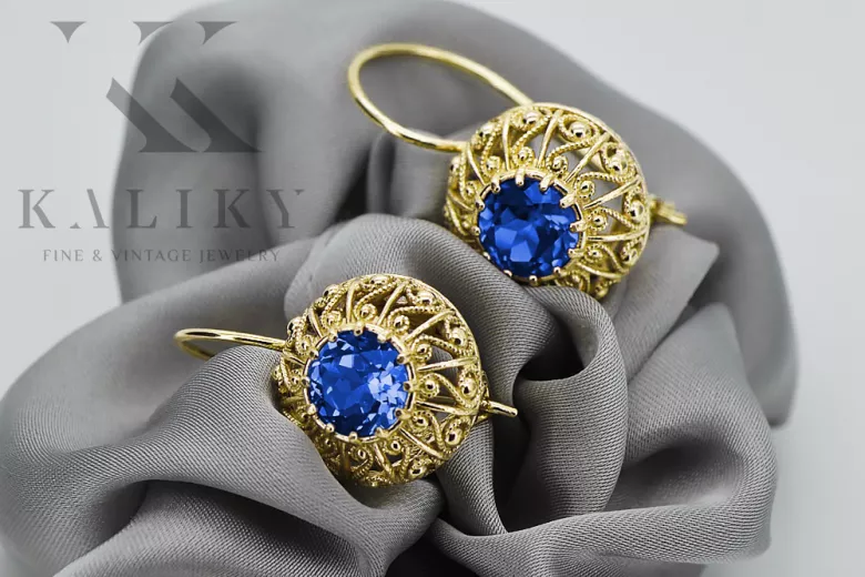 Earrings Vintage Jewlery Sapphire 14K Yellow gold vec002y