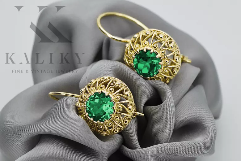 Earrings Emerald 14K Yellow gold Vintage craft vec002y