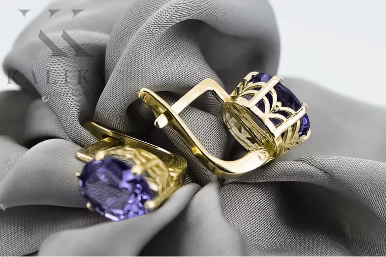 Žlutá 14k 585 zlata Alexandrite náušnice Vec003y Vintage Ruský sovětský styl Velké barevné kameny