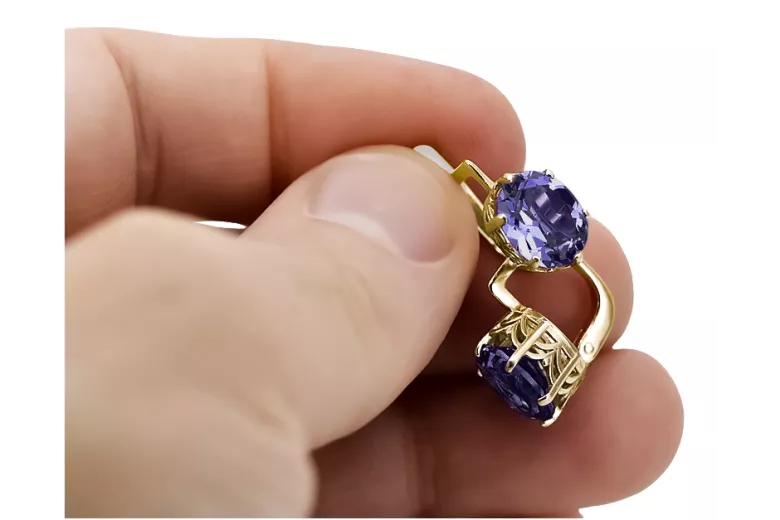 Žlutá 14k 585 zlata Alexandrite náušnice Vec003y Vintage Ruský sovětský styl Velké barevné kameny