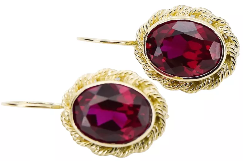 Kolczyki z żółtego 14k złota 585 z rubinem vec007y Vintage Rosyjski styl z dużymi kolorowymi kamieniami