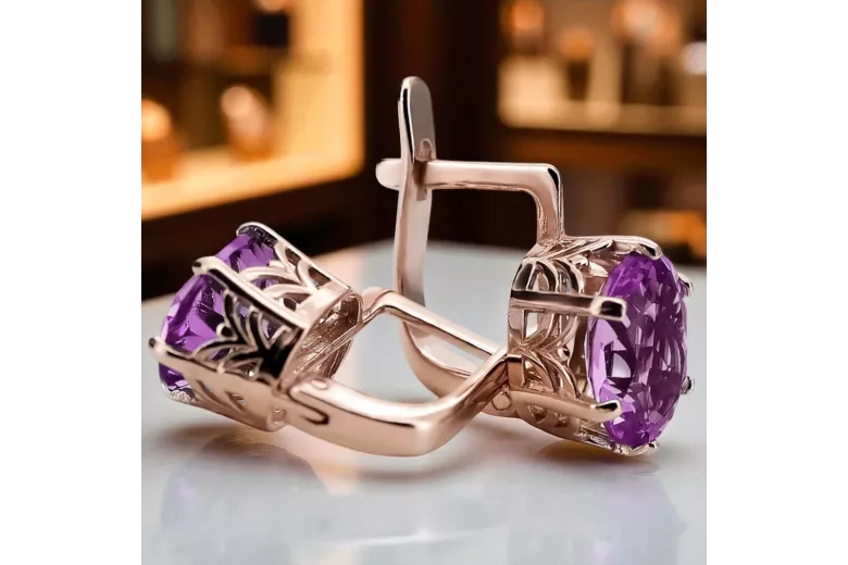 Rose pink 14k 585 gold amethyst earrings vec003 Vintage Russian Soviet style