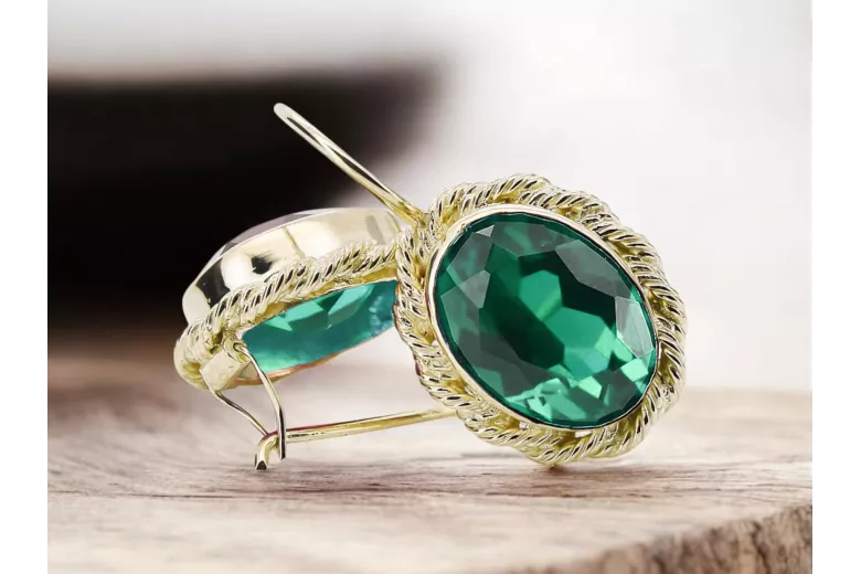 Émeraude Or jaune 14 carats Des boucles d'oreilles Artisanat vintage vec007y