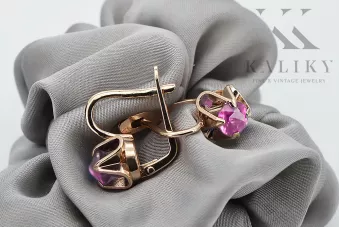 Vintage náušnice s růžovou červenou 14k zlatou 585 s ametystem VEC018