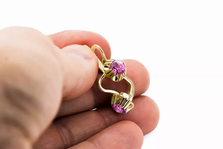 Kolczyki z Ametystem 14k żółte złoto vec027y Rosyjski styl Vintage