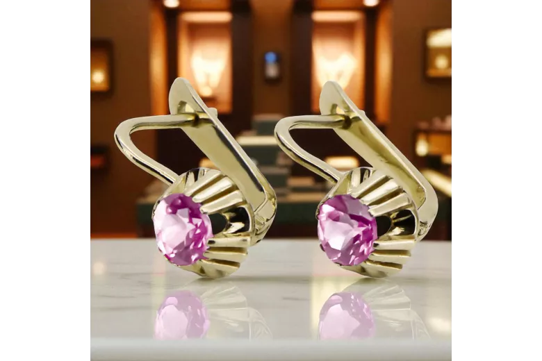 Žlutá 14k zlata Amethyst náušnice VEC027Y Ruský sovětský vintage styl