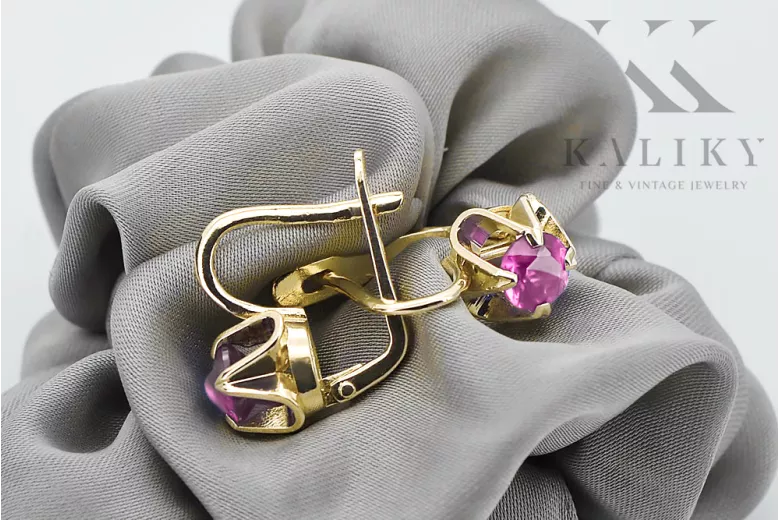 14K Yellow gold Amethyst earrings vec018y Russian Soviet Vintage Art Deco style
