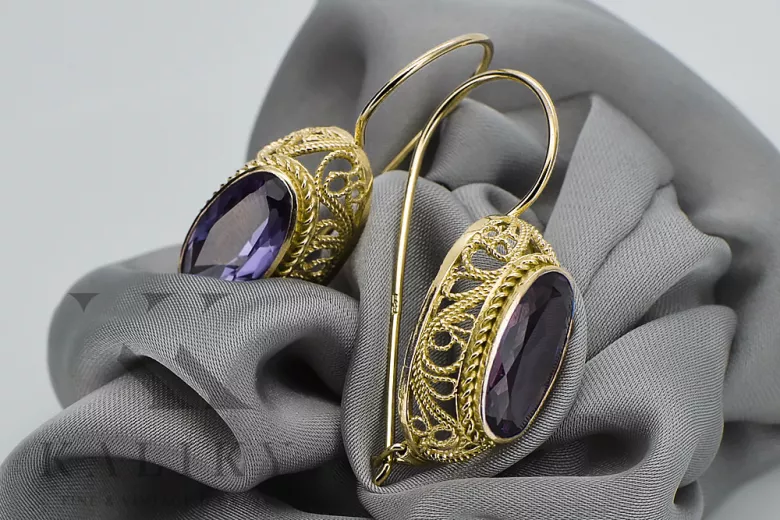 Boucles d'oreilles Alexandrite d'or jaune 14K Vec023Y Russe Soviétique Vintage Art Deco Style