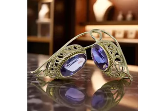 14k geltona aukso alexandrite auskarai VEC023Y Rusijos sovietinis derliaus meno deco stilius