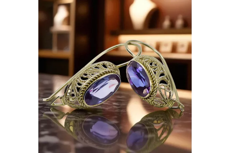 Kolczyki z żółtego 14k złota z Aleksandrytem vec023y Rosyjski styl Vintage Art Deco