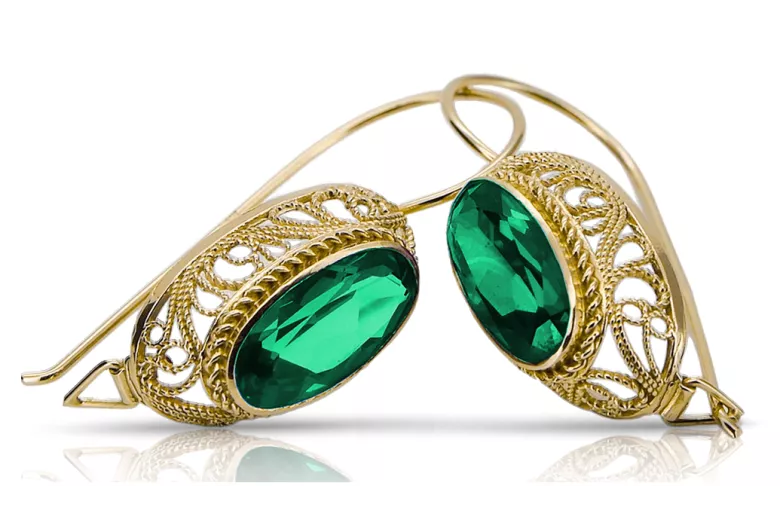 Сережки Вінтаж стиль Смарагд 14K Жовте золото vec023y