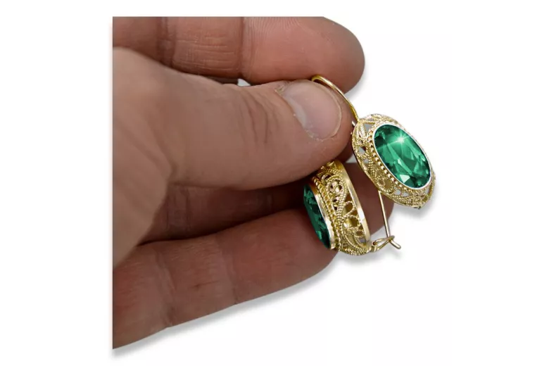 Сережки Вінтаж стиль Смарагд 14K Жовте золото vec023y