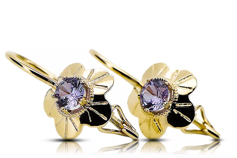 14K žluté zlato Alexandrite náušnice VEC028Y Ruský sovětský sovětský vintage Art Deco Style