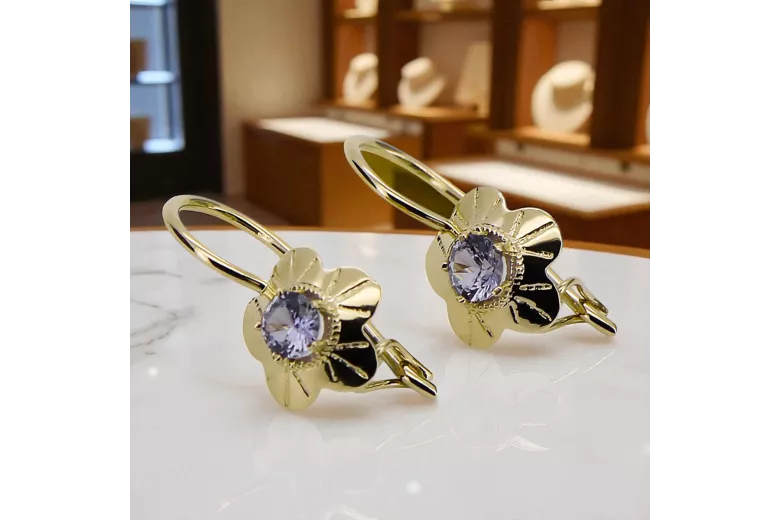 14k geltona aukso alexandrite auskarai VEC028Y Rusijos sovietinis senovinis meno deco stilius