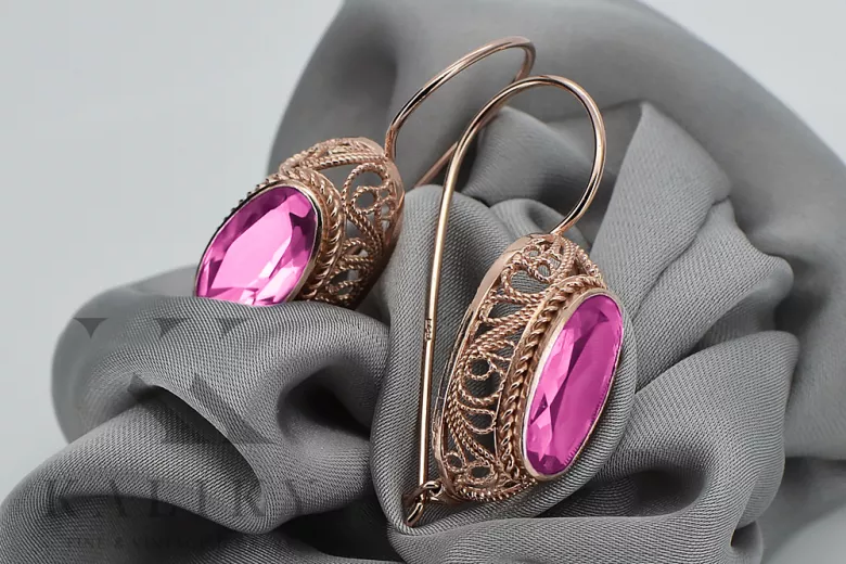 Rose rosa 14k 585 Pendientes de amatista dorados VEC023 Vintage