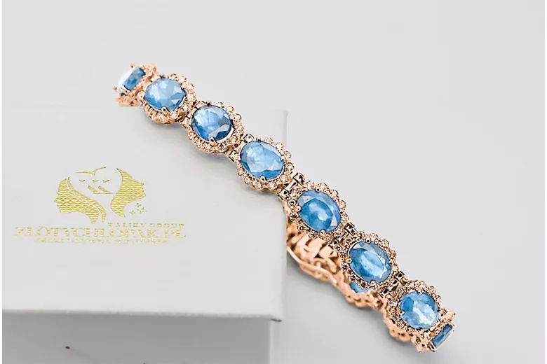 Rose pink red Russian 14k gold aquamarine and zircons tennis bracelet tbc001r