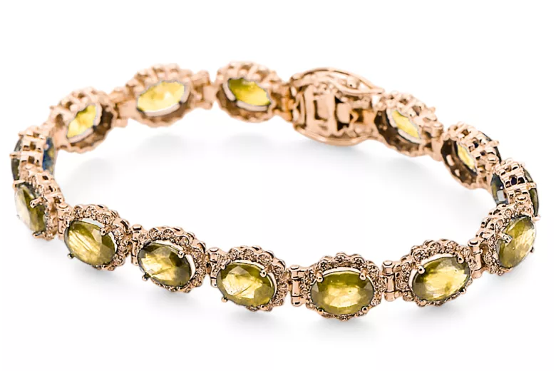 Bransoletka tenisowa z czerwonego różowego rosyjskiego złota 14k 585 z peridotem i cyrkoniami tbc001r