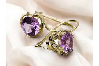 Earrings Amethyst 14K Yellow gold vec029y Russian Soviet Vintage style Art Deco