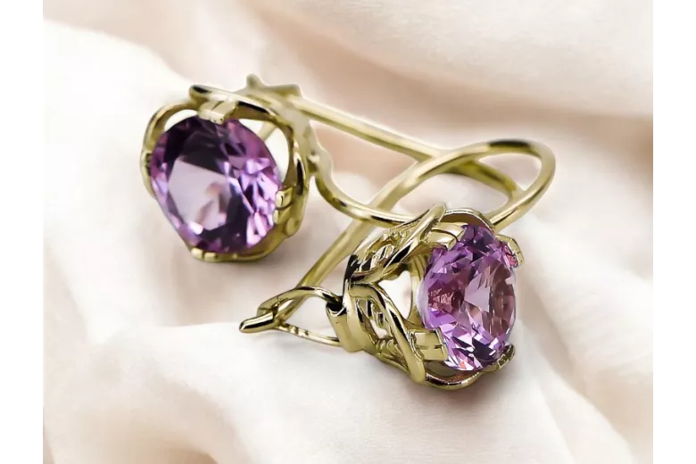 Náušnice Amethyst 14K Žltá Gold VEC029Y Ruský sovietsky vintage štýl Art Deco