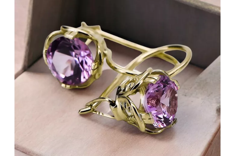 Náušnice Amethyst 14K Žltá Gold VEC029Y Ruský sovietsky vintage štýl Art Deco