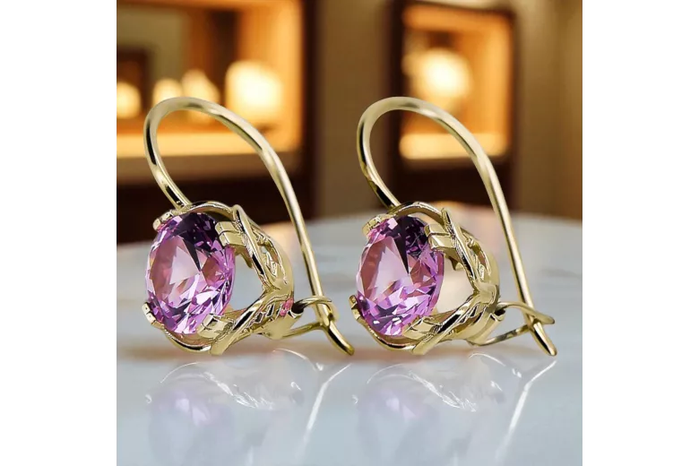 Ohrringe Amethyst 14k Gelbgold Vec029Y Russischer sowjetischer Vintage-Art-Art-Deko