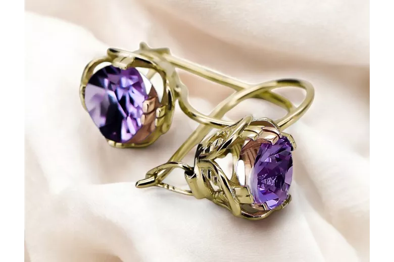 Náušnice Alexandrite 14k žluté zlato VEC029Y Ruský sovětský vintage styl Art Deco